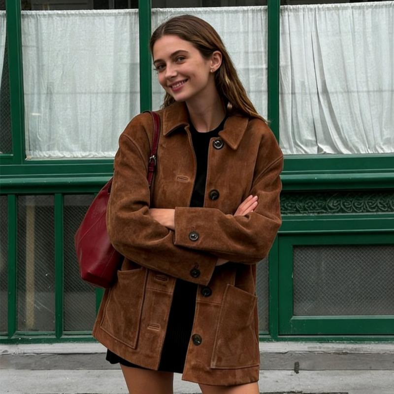 Women Vintage Lapel Single Button Suede Casual Jacket Outerwear