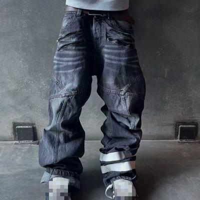 European and American Trend Straight Tube Loose Washed Distressed Printed Jeans