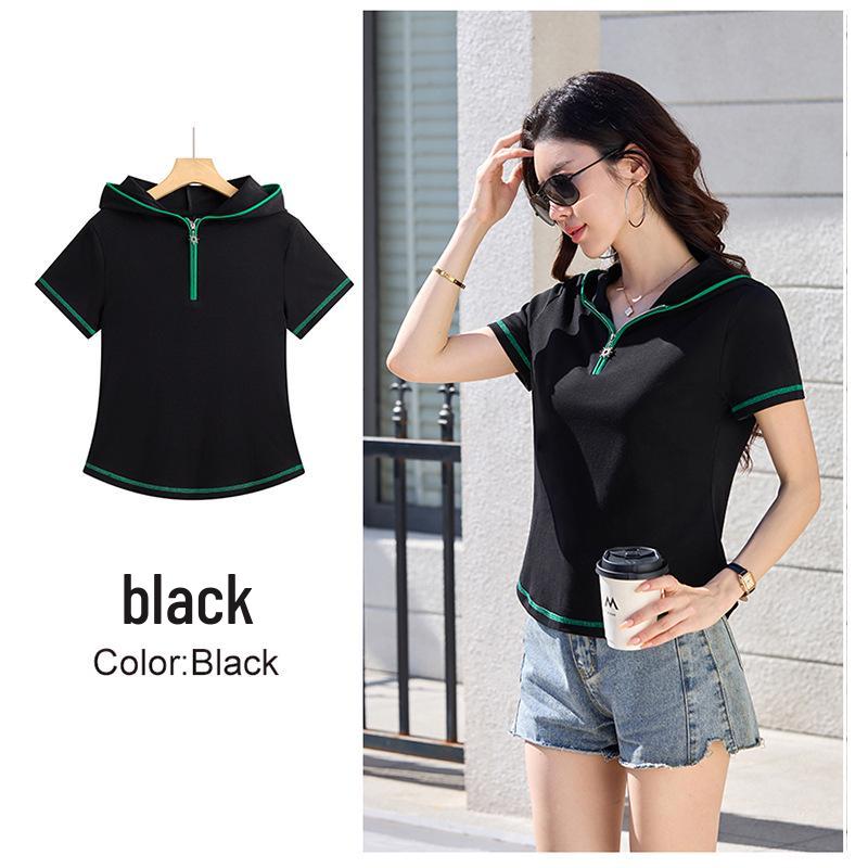 Women's Slim Fit Hooded Short Sleeve Zipper T-shirt - New Korean Style 2026, Solid Color Fashionable Top