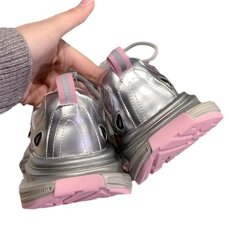 Summer new silver pink dad shoes women's breathable casual running shoes versatile lightweight platform sports shoes