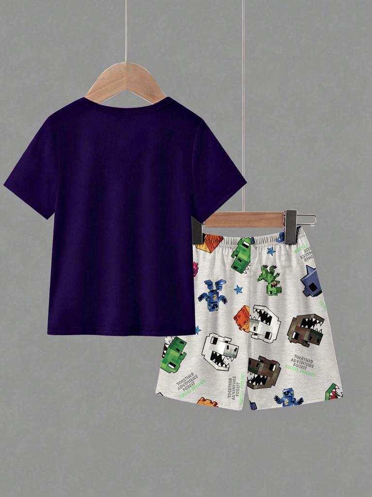 2 Pieces Boys Clothing Set, Summer Cool Pixel Game Graphic T-Shirt and All-Over Print Shorts, Kids Casual Outfits 8-12 Years