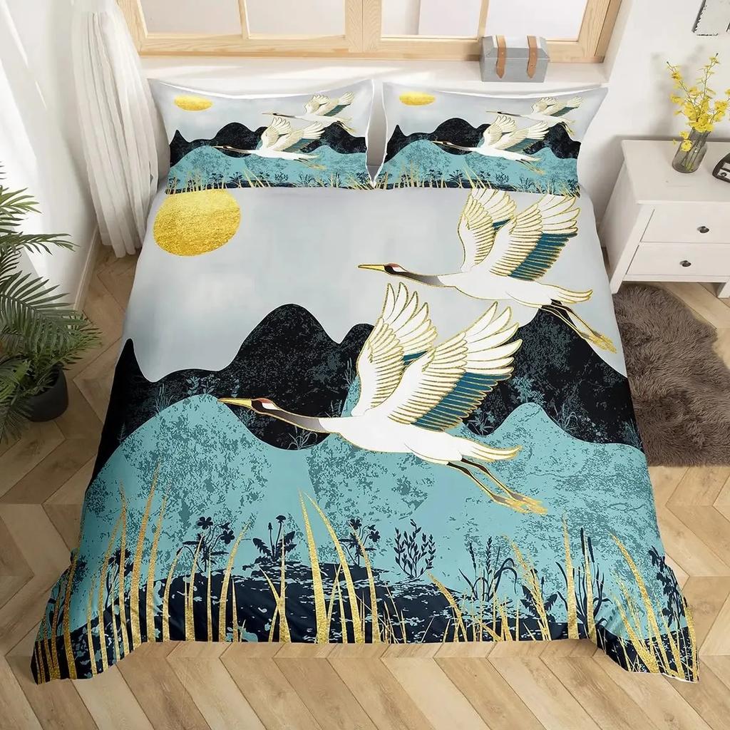 Japanese Style Crane Duvet Cover Set Full Size,Exotic Red Sun Sea Waves Bedding Sets,Vintage Ukiyoe Traditional Comforter Cover