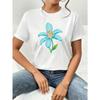 Women's Light Blue Floral Patterned Short-Sleeve Round-Neck T-Shirt, Machine Washable for Spring, Summer, and Autumn,