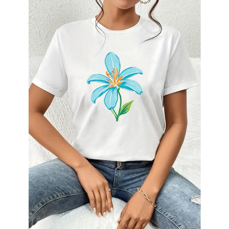 Women's Light Blue Floral Patterned Short-Sleeve Round-Neck T-Shirt, Machine Washable for Spring, Summer, and Autumn,