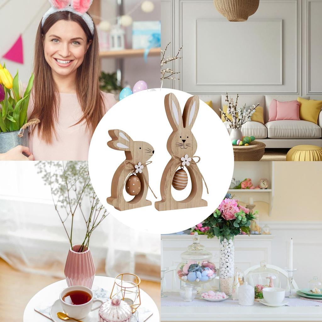 Wooden Easter Bunny Decor 2 Pieces Holiday Decoration Spring Table Centerpiece for Home Office Apartment Living Room Bedroom