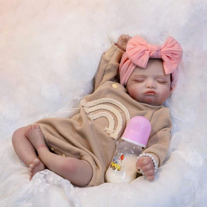 18Inch 46cm Simulated Doll Brown Knitted Rainbow Jumpsuit Pink Bow Headband Vinyl Rebirth Doll Bath Toy Limb Flexibility Doll with Feeding Accessories