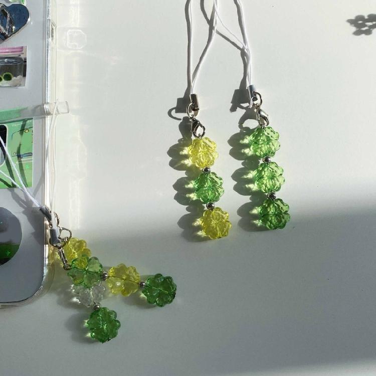 Fashion Beaded Phone Charm Lanyard for Women Girls Crystal Four Leaf Clovers Keyring Stylish Keychain Bag Purse Pendant