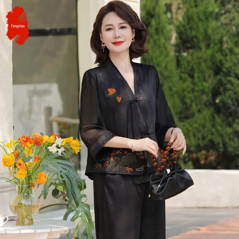Elegant Embroidered New Chinese Style Summer Two-Piece Set 3XL
