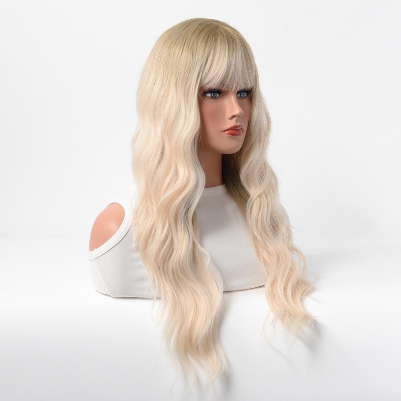 White Wig Female Playful Cute Air Bangs Long Curly Hair Big Wave Rose Net Full Hood