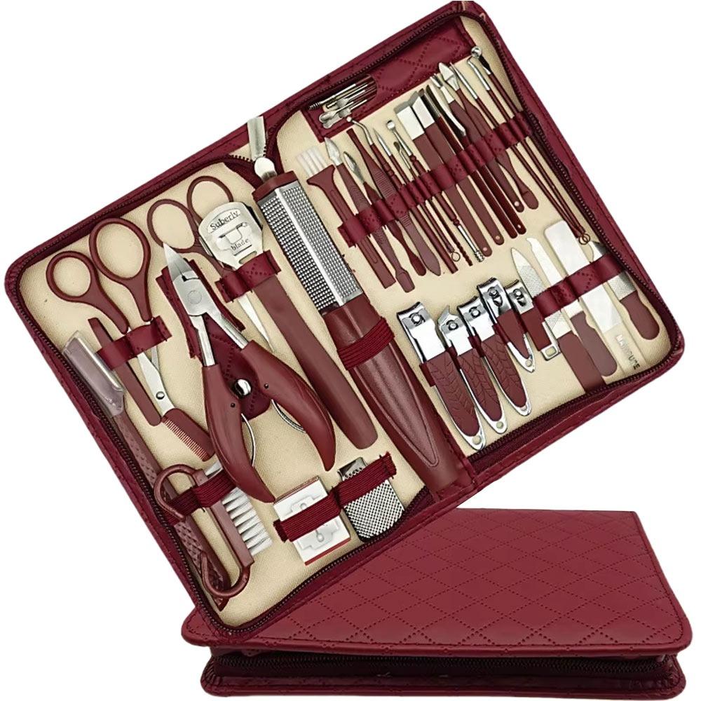 

Stainless Steel Nail Clipper Kit With Zipper Leather Bag Nail Care Tools For Nail Care вина червоного кольору