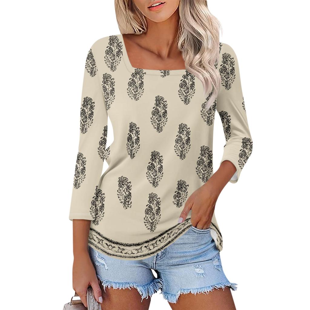 Women's 3/4 Sleeve Square Neck Floral Shirt Casual Loose Tunic Top