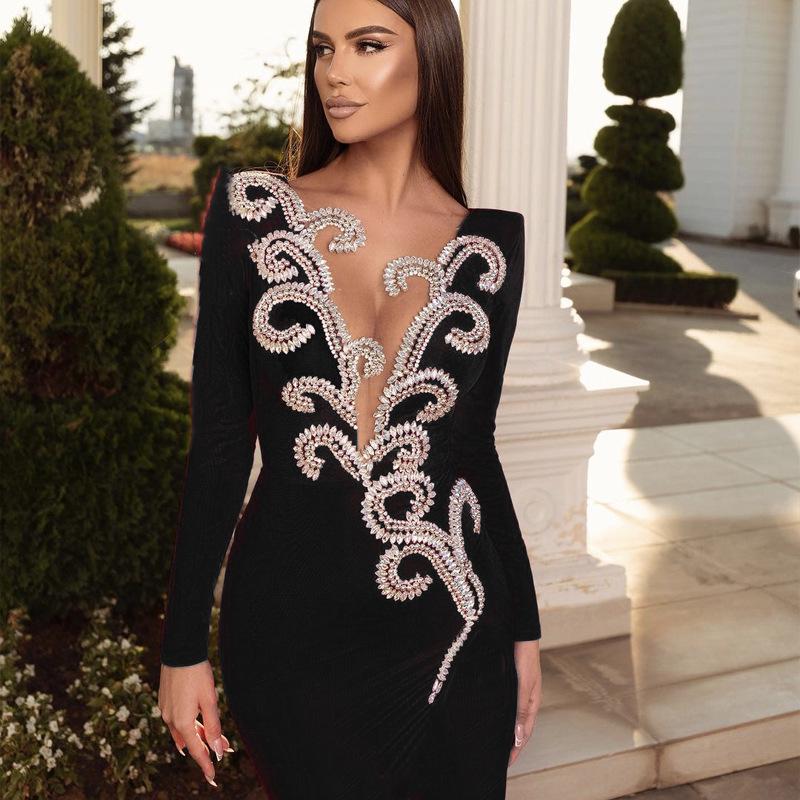 Black Red Rhinestone Long Sleeve Bandage Evening Dress