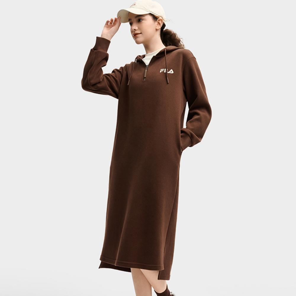 Fila Original Cool Niche Trendy Style Hooded Long Sleeve Dress Women Dresses Liver-Red F51W539303FDK