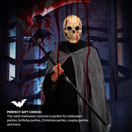 Halloween Grim Reaper Costume Black Hooded Cloak with Skull Masque Vintage Medieval Cape for Adult Cosplay Props