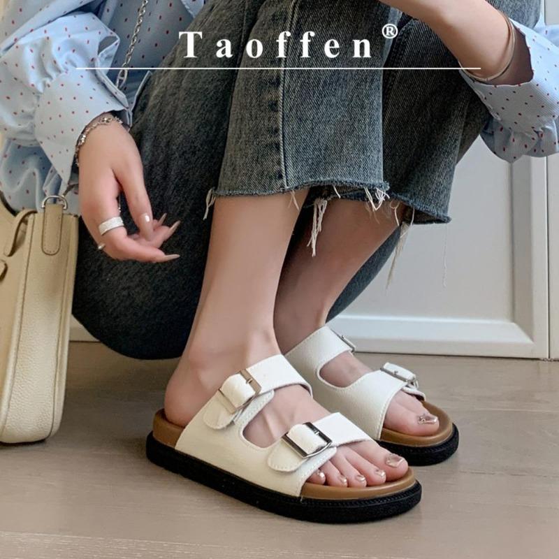 Taoffen Brand Genuine Cow Leather Sandals Flat Women Roma Sandals Closed Toe Vintage Sandals T Strap Comfortable Flats Slippers