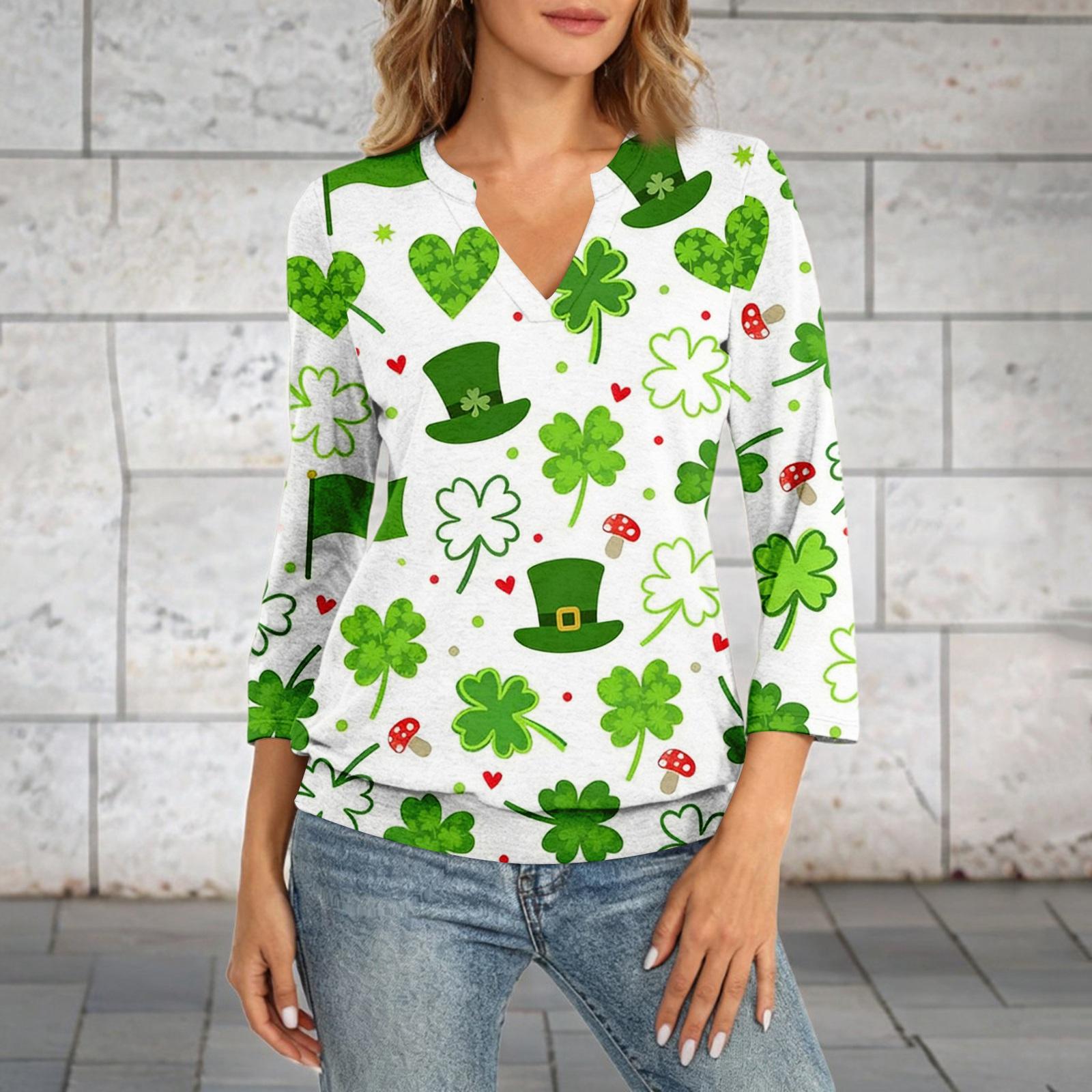 

Женская блузка с рукавом 3/4 и манжетой, V-образный вырез, летняя повседневная рубашка, Ст. Топ с принтом ко Дню Святого Патрика XL белый