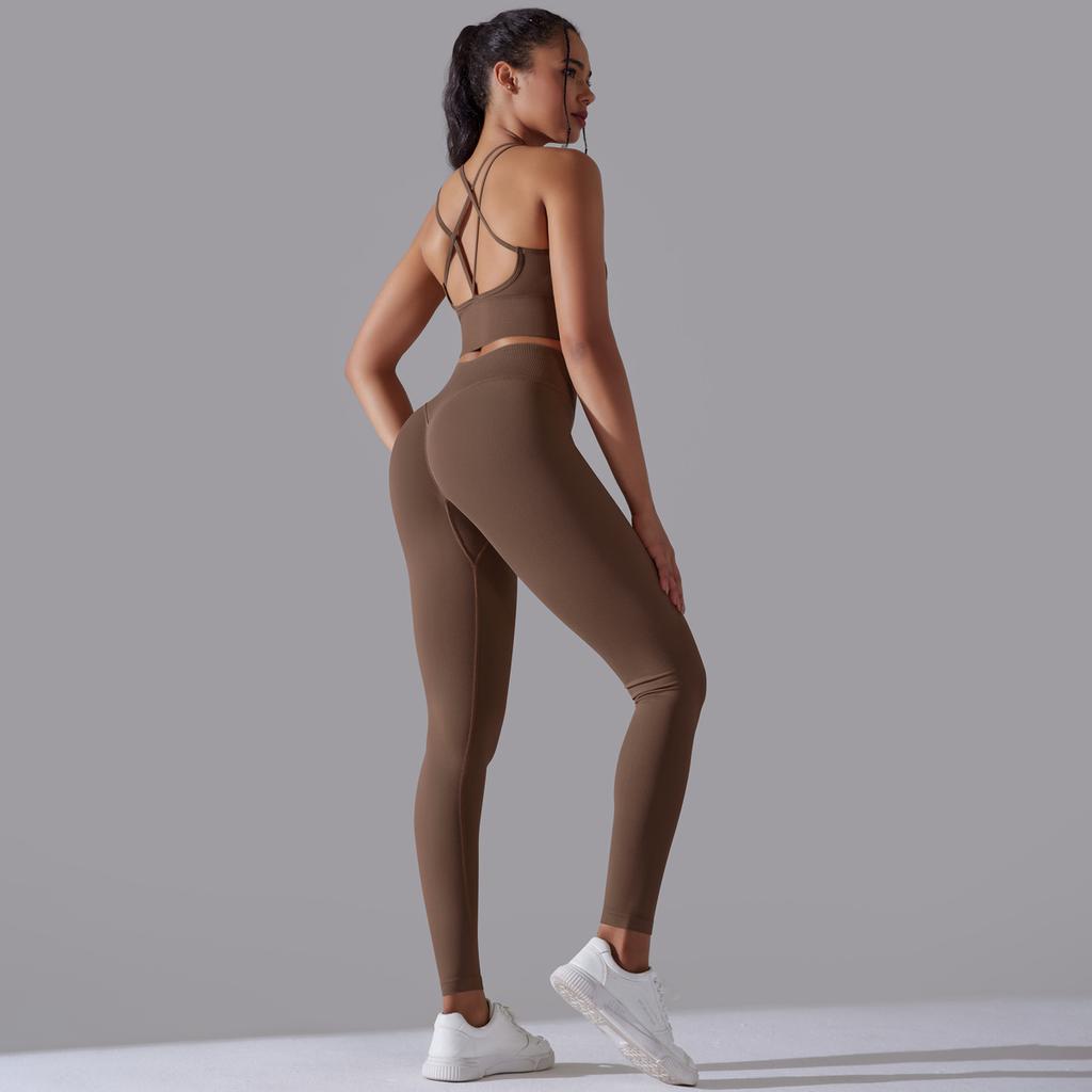 New High Waist Peach Hip Tight Pants Set, Sports Back Yoga Clothes, Running Training Fitness Set, Two Piece Set For Women