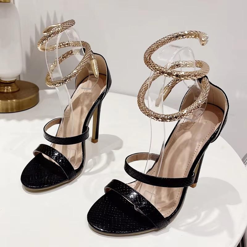 Eilyken Design Style Snake Print Leather Twining Ankle Strap Women Sandals Sexy Open Toe Stiletto High Heels Stripper Shoes