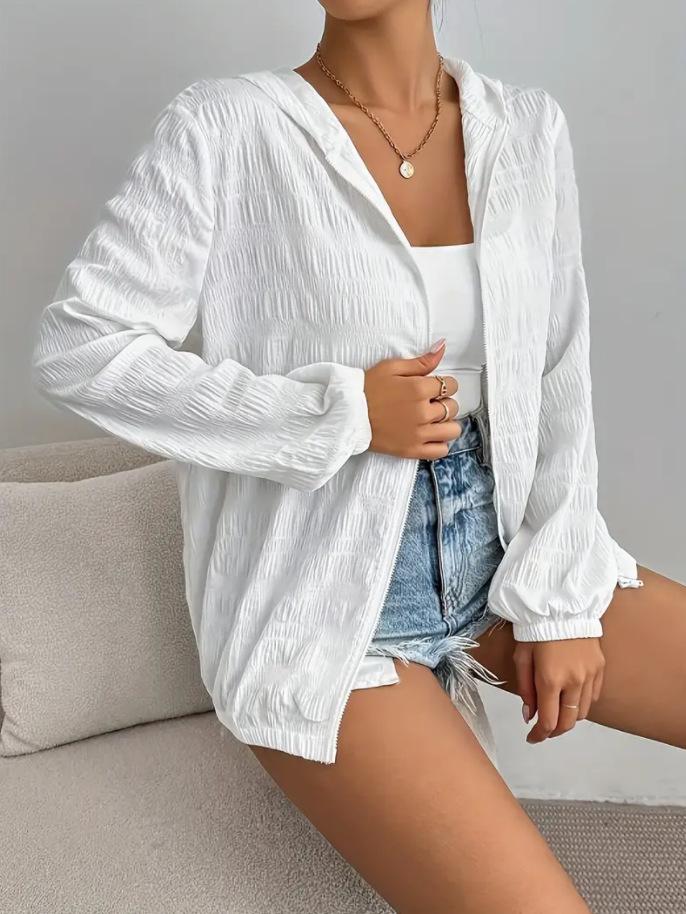 2025 Women's Solid Color Hooded Jacket – Casual Long Sleeve Zipper with Sun Protection