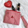 Makeup Bag Canvas Large Capacity Portable Red Cherry Plaid Print Cosmetic Pouch Travel Bag for Women Lipstick Storage