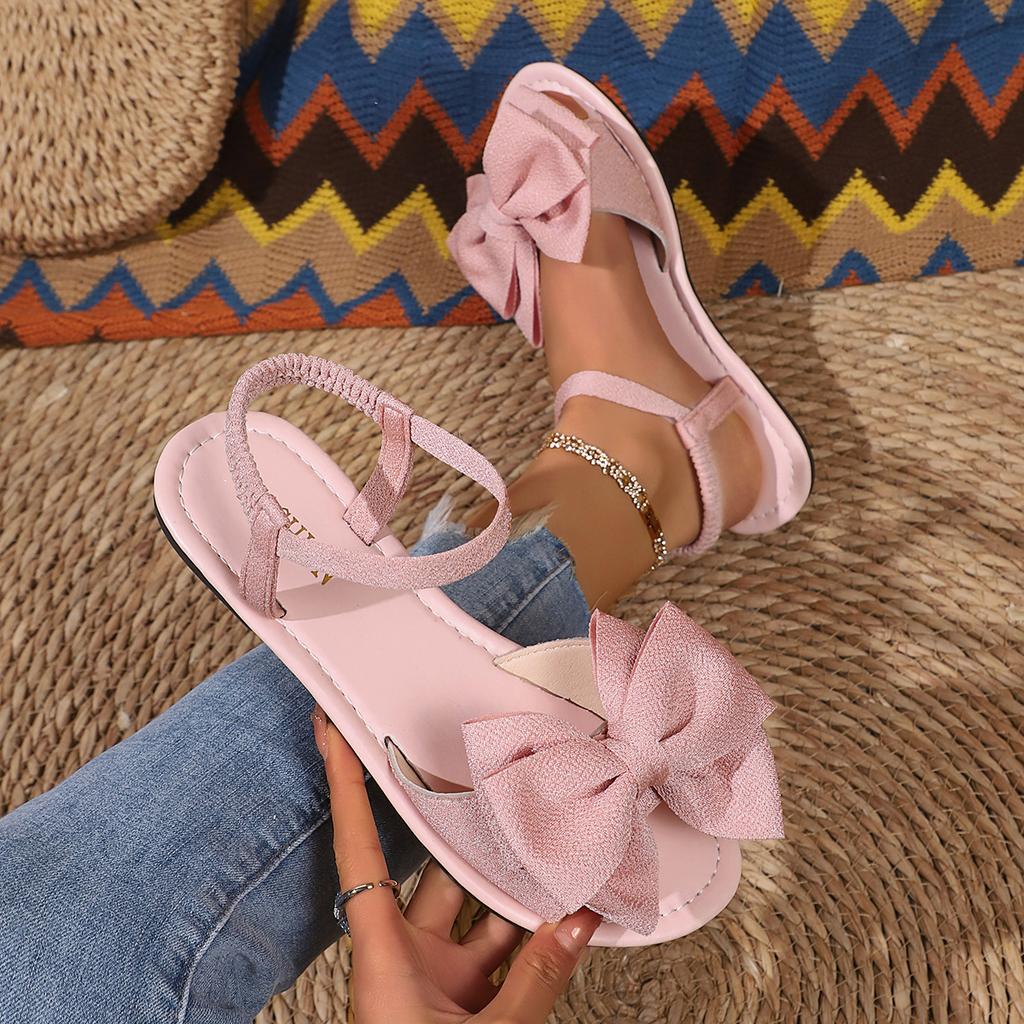 2025 large size women's shoes flat sandals women's summer wear casual soft-soled bow beach sandals