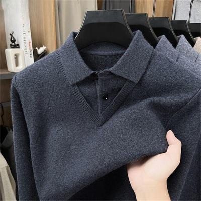 Men's Genuine Wool Lapel Sweater, Thickened Two-Piece Knitwear for Autumn/Winter - Dad's Base Layer