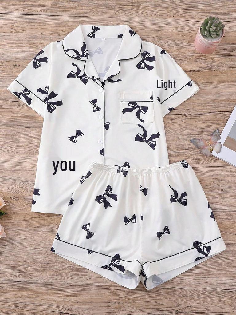 Summer Ice Silk Lapel Pajama Set: Short Sleeve Cardigan & Shorts Homewear for Women