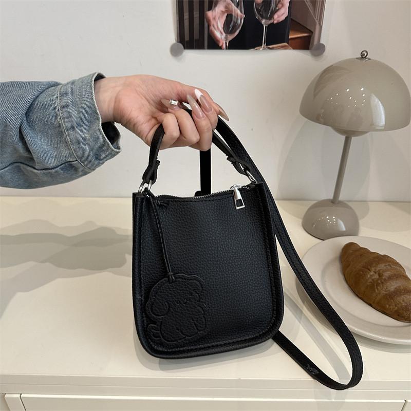 Color Simple Solid Lychee Pattern Embossed Women Square Bag With Pendant Cartoon