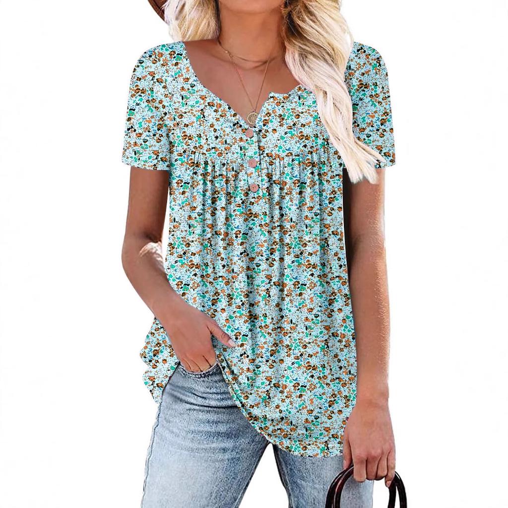 Tunica da donna con scollo a V manica corta taglie forti stampa floreale piccola pieghe sul davanti blusa casual