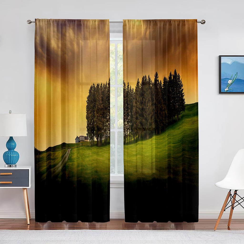 Bergsee Frühling Naturlandschaft Voile Vorhang für Schlafzimmer Wohnzimmer Küche Blumen Feld Fenster Vorhänge 2 Paneele Drapierung