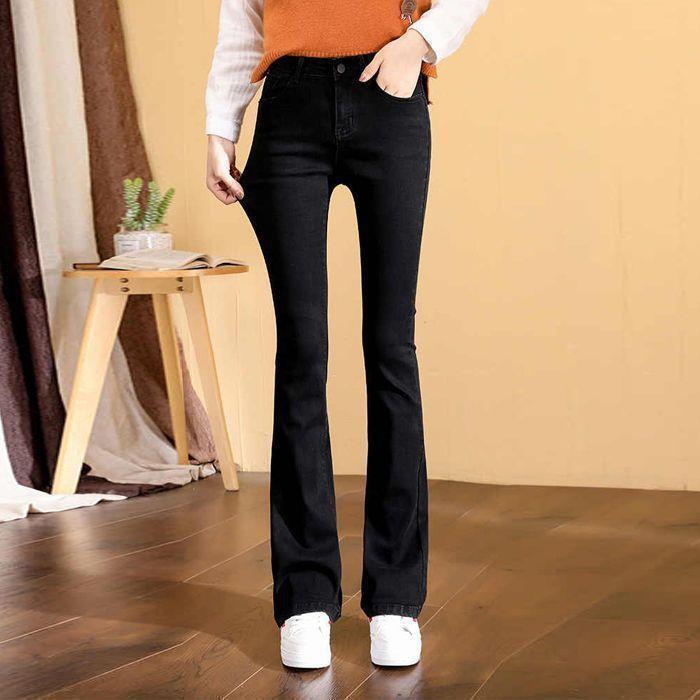 Women's Blue Velvet-Lined High-Waisted Flare Jeans - Plus Size, Slimming Autumn/Winter Style
