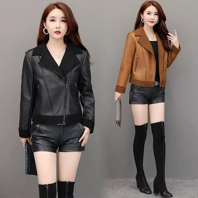 Nouvelle Veste Courte en Cuir pour Femmes Automne et Hiver Veste en Cuir PU Imitation Velours d'Agneau avec Revers