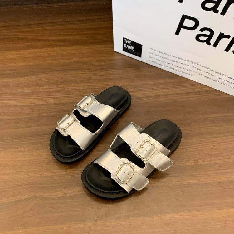 White silver~ thick-bottomed casual cool slippers female summer Internet celebrity outer wear fashionable versatile belt buckle one-word drag female