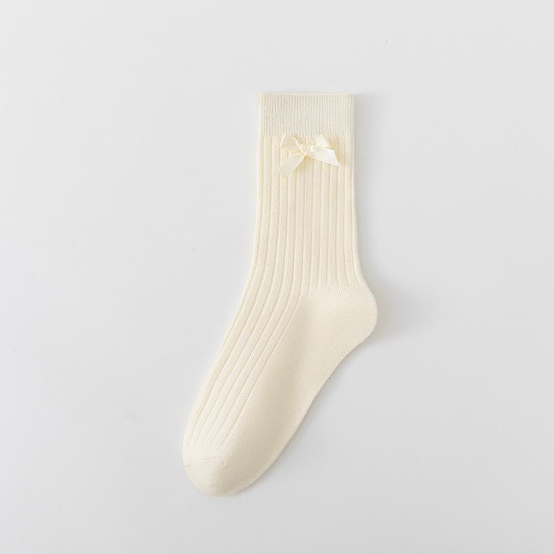 Ladies Fall Bow Ballet Style Solid Color Vertical Stripe Mid Tube Cotton Socks
