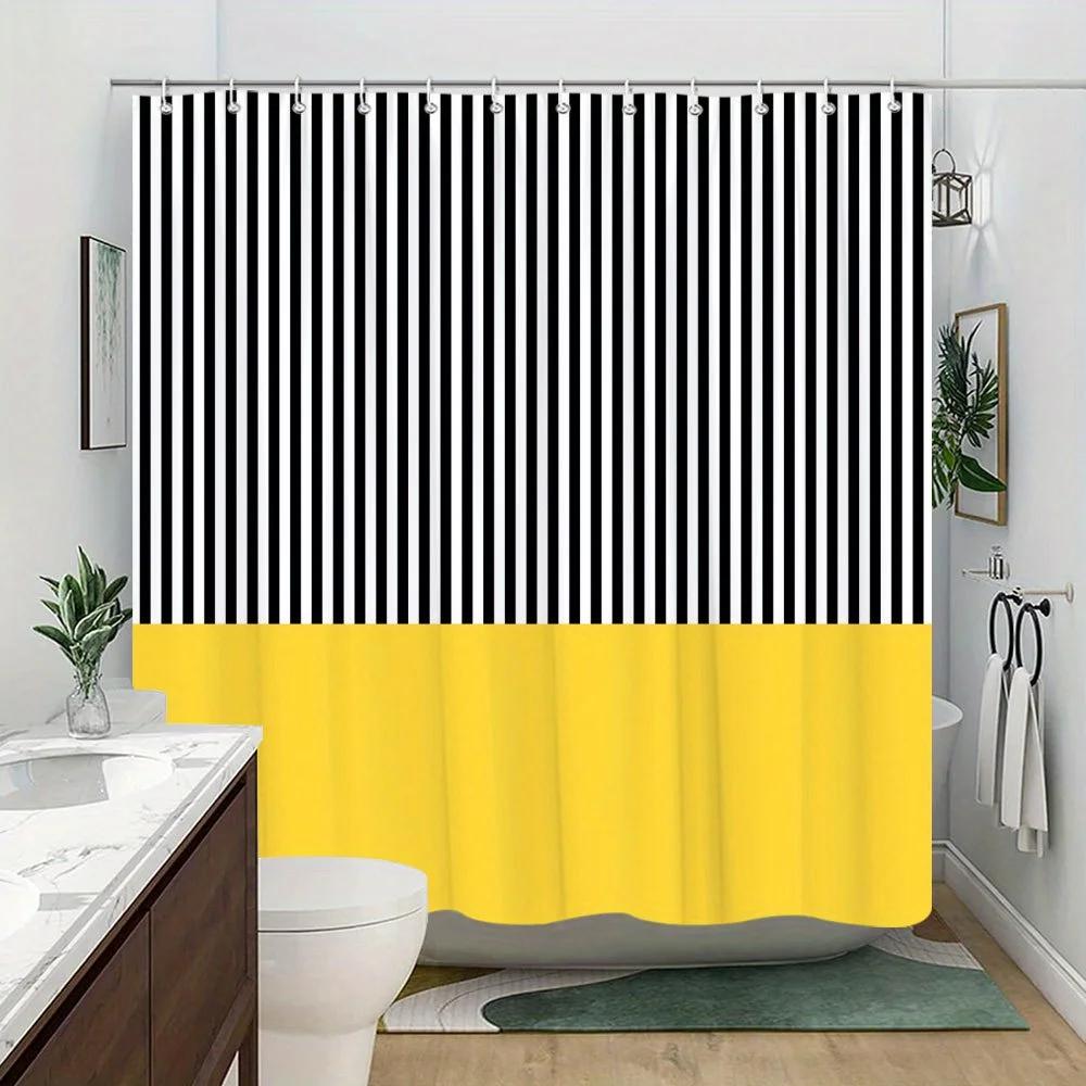 One Piece Of A Shower Curtain Featuring Black And White Stripes With A Yellow Accent, Showcasing A Bold Minimalist Vertical Patt