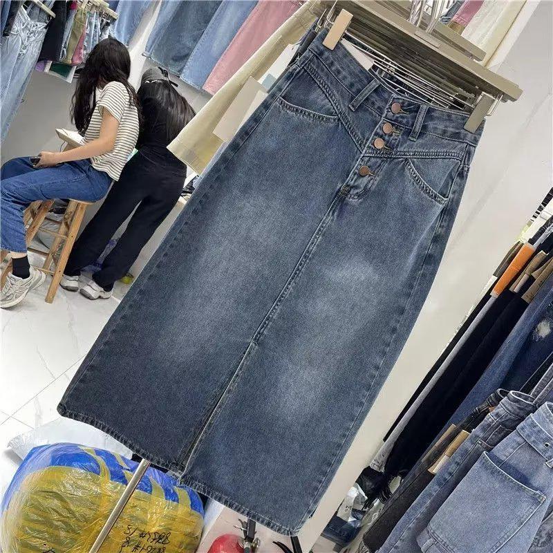 Spring/Summer 2025 High-Waisted Button Denim Skirt for Pear-Shaped Women - Mid-Length A-Line with Slit