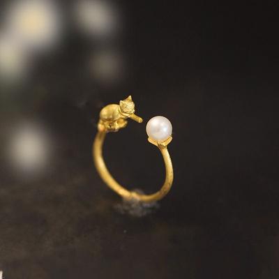 Japanese Original Niche Design Ring Fun Female Ring Cute Cat Pearl Jewelry Adjustable