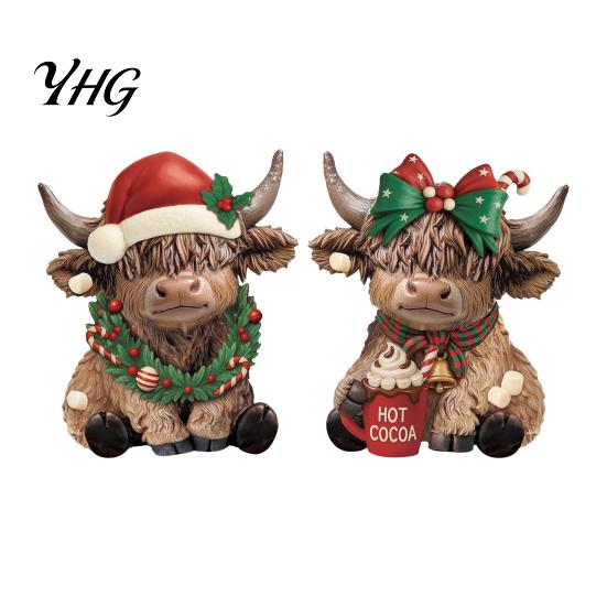 Retro Cartoon Style Ornaments 2/3Pcs Christmas Highland Cow Wooden Tabletop Sign, 2D Flat Yak Indoor Holiday Scene Decorations Figurine Ornament with