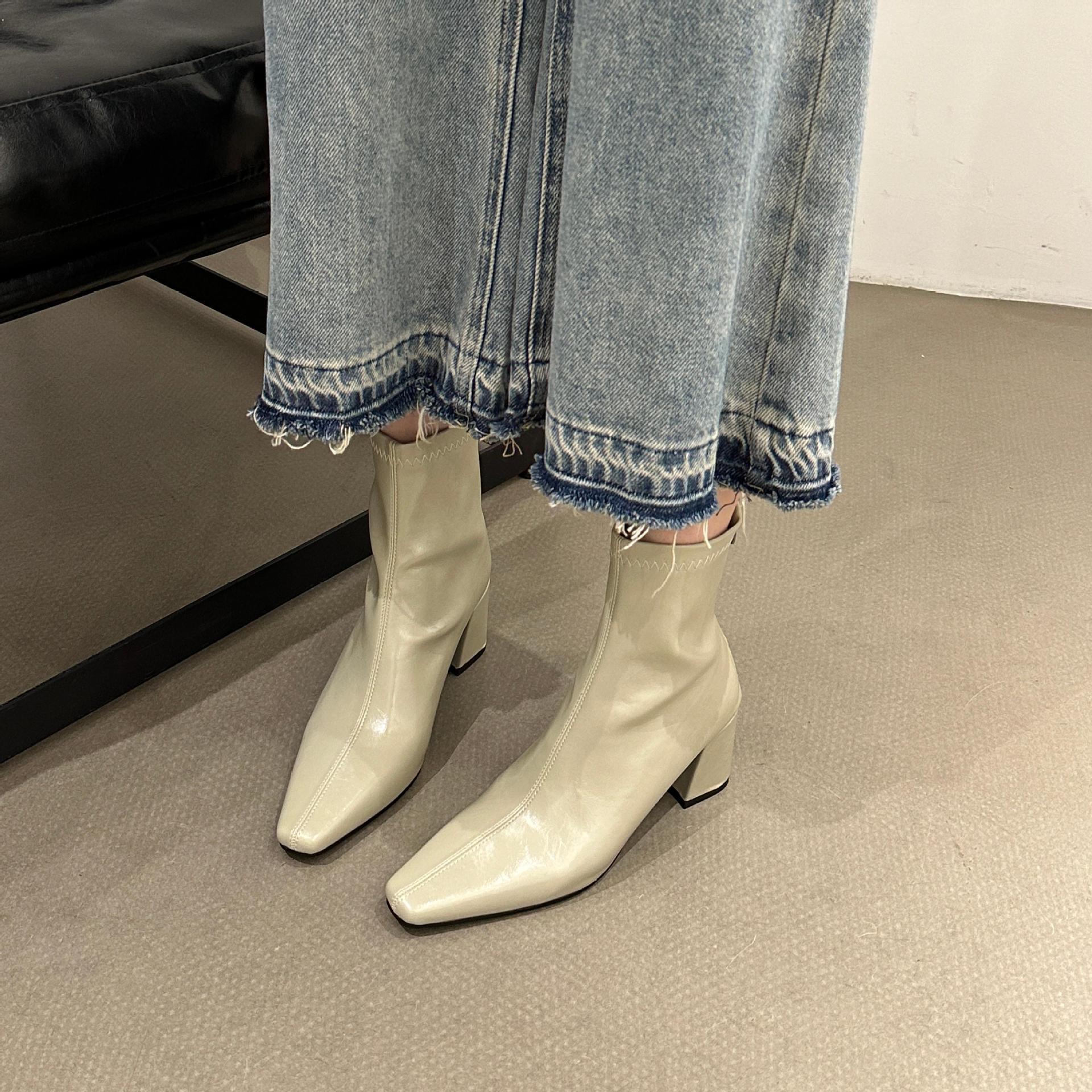 

2025 осень и зима новые европейские и американские квадратный носок простые тонкие ботильоны толстый каблук высокий каблук задняя молния ботинки Мартин короткие ботинки женские 39