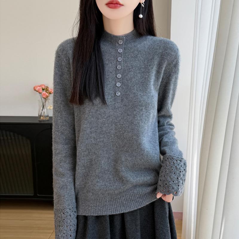 2025 Korean Style Women's Heavy Knit Wool Sweater: Versatile Hollow-Out, Half-High Neck, Slimming Base Layer