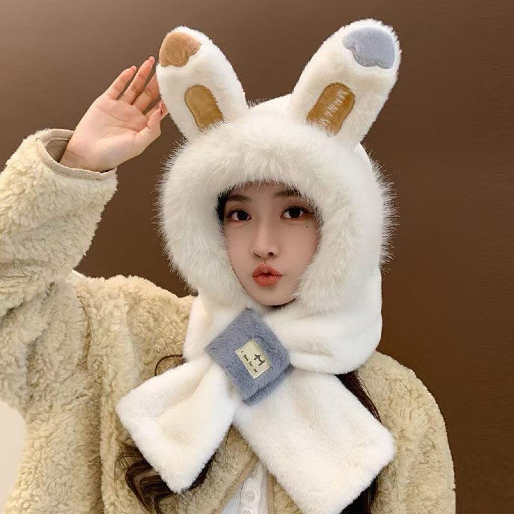 Fox Ear Hat and Scarf Combo for Women, Cute Plush Furry Animal Hat with Attached Neck Warmer, Two-piece Set for Winter
