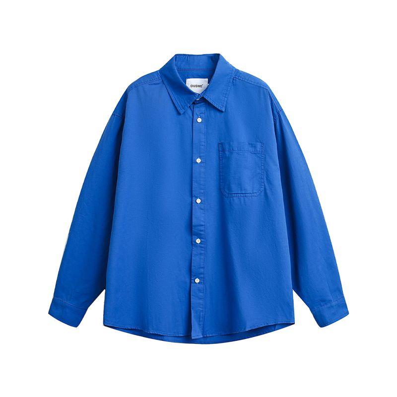 

Men s Road Spring and Autumn American vintage Heavy Cotton Lapel Long sleeve Shirts Men s and Women s Loose Casual All-matching Top Tide Blue M