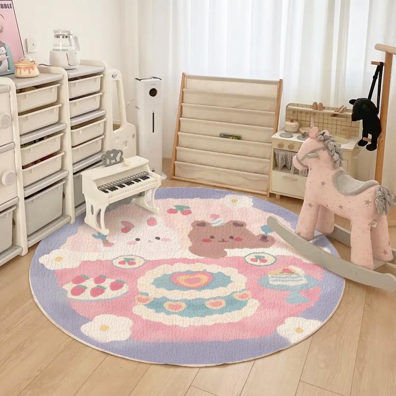 Cute Cartoon Animal Print Round Rug Super Soft Kids Play Mat for Living Room Bedroom Safe Non-Slip Circle Carpet Easy To Clean