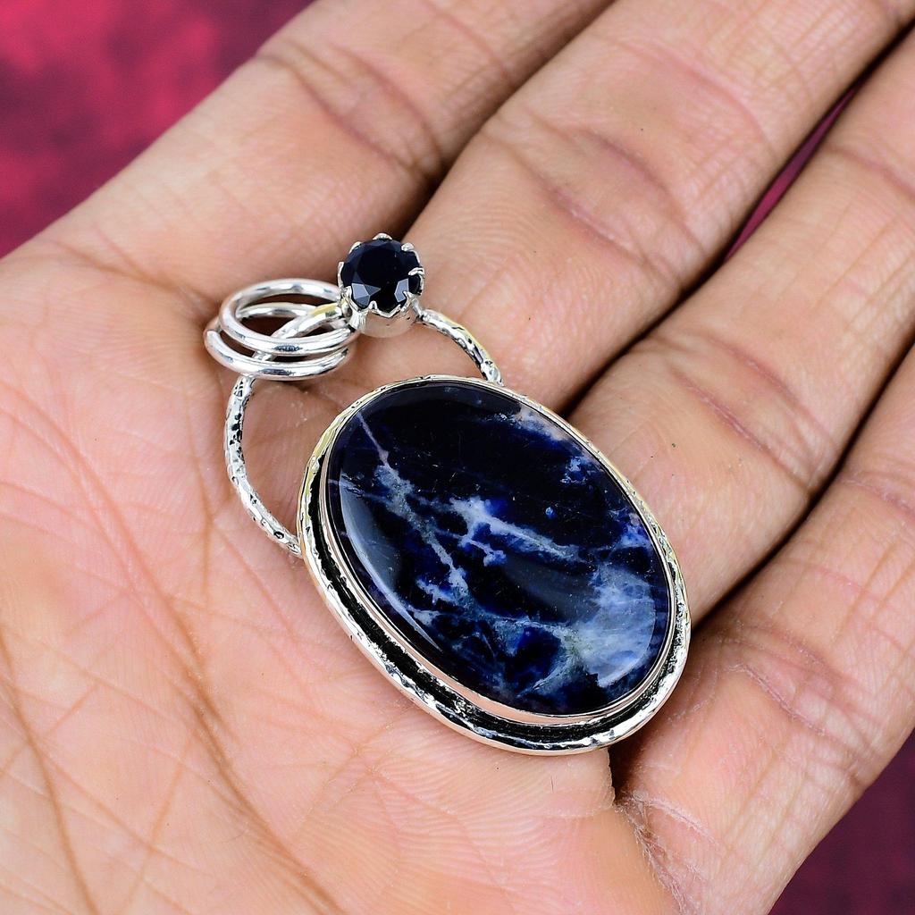 Sodalite & Black Spinel Handmade Gemstone Pendant, 925 Solid Sterling Silver Pendant Antique Jewelry, Pendant For Engagement Gift