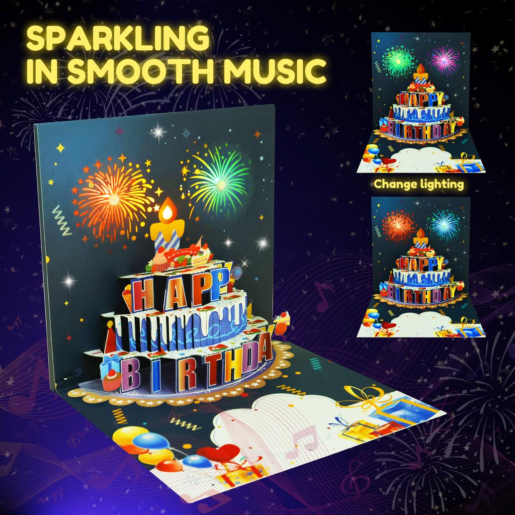 Karty urodzinowe Światła i dźwięk Pop-up Karta urodzinowa z fajerwerkami Karty urodzinowe z życzeniami 3D Pop-up 3D Pop-Up z kopertą