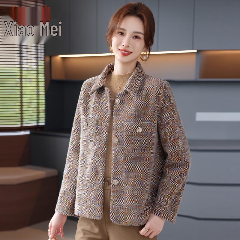 Xiaofu 2026 Mid-aged Women s Plaid Short Woolen Coat XL