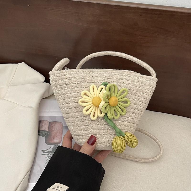 Cotton Rope Woven Bag Cute Flower Shoulder Ins Bucket Women's Beach Cross-body