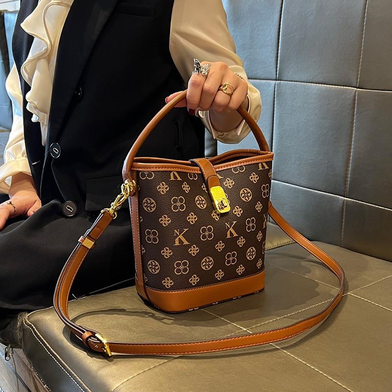 Womens Large Capacity Bucket Bag PU Leather Shoulder Crossbody Handbag Coffee Color Casual Style