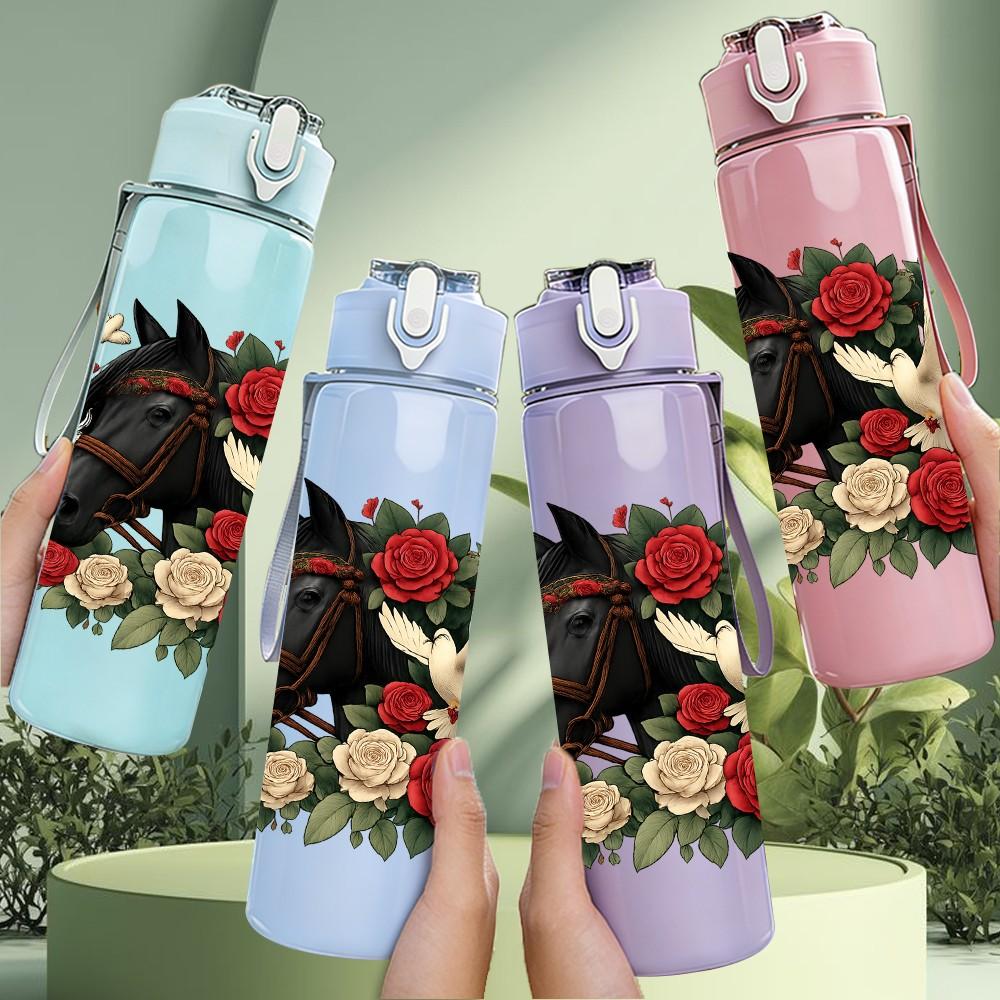 1PC Rose Black Horse Pattern 750ml Color Plastic Sports Water Bottle Leakproof Flip Straw Lid Suitable for Sports Office Home Use