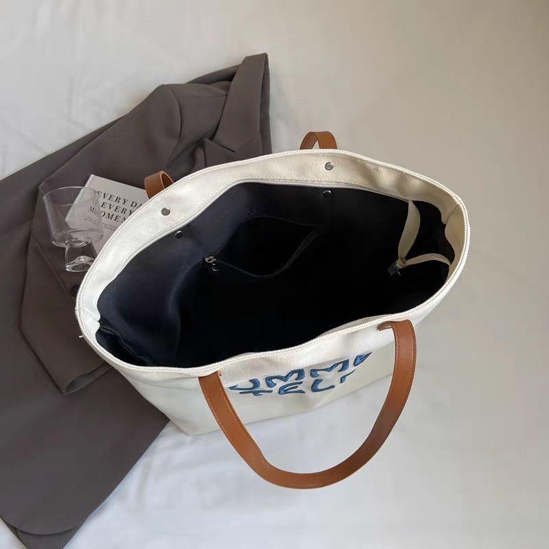 Women's Large Embroidered Canvas Tote Bag - Versatile Shoulder Bag for Commute or Class